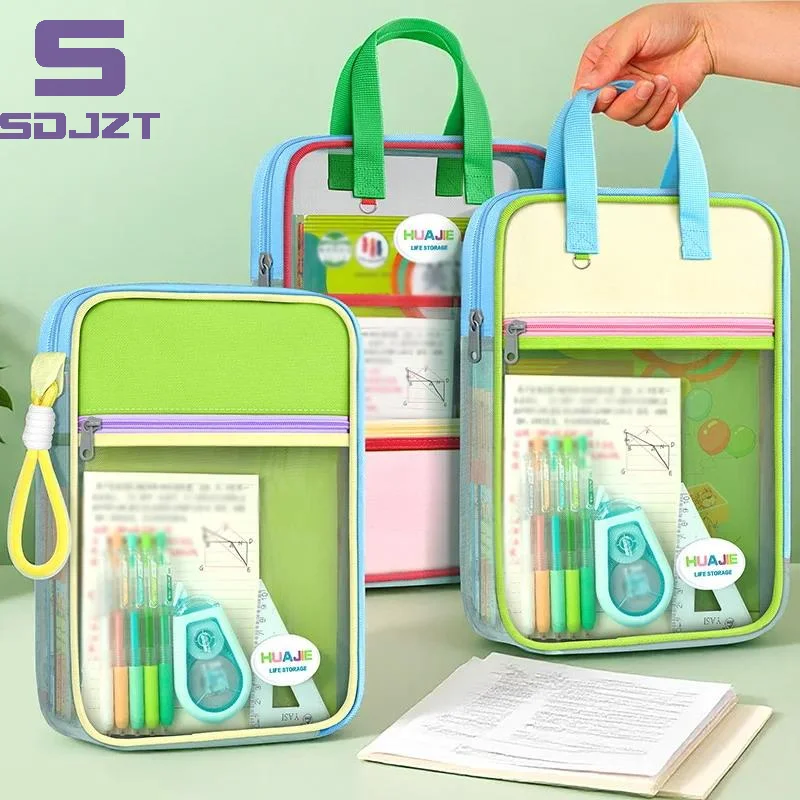 Student Handheld File Bag, Dopamine Color Tote, L-Shaped Zipper Mesh Folder, Exam Paper Storage And Subject Organizer