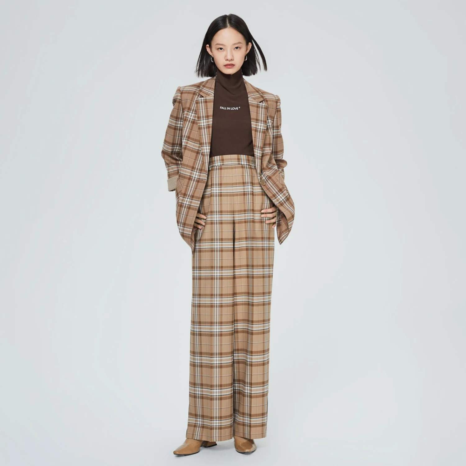 Allingentle Plaid Pants Suit Women's 2 Piece Set Fashion Wide Pantsuit Set for Lady Office Casual Outfits Customize