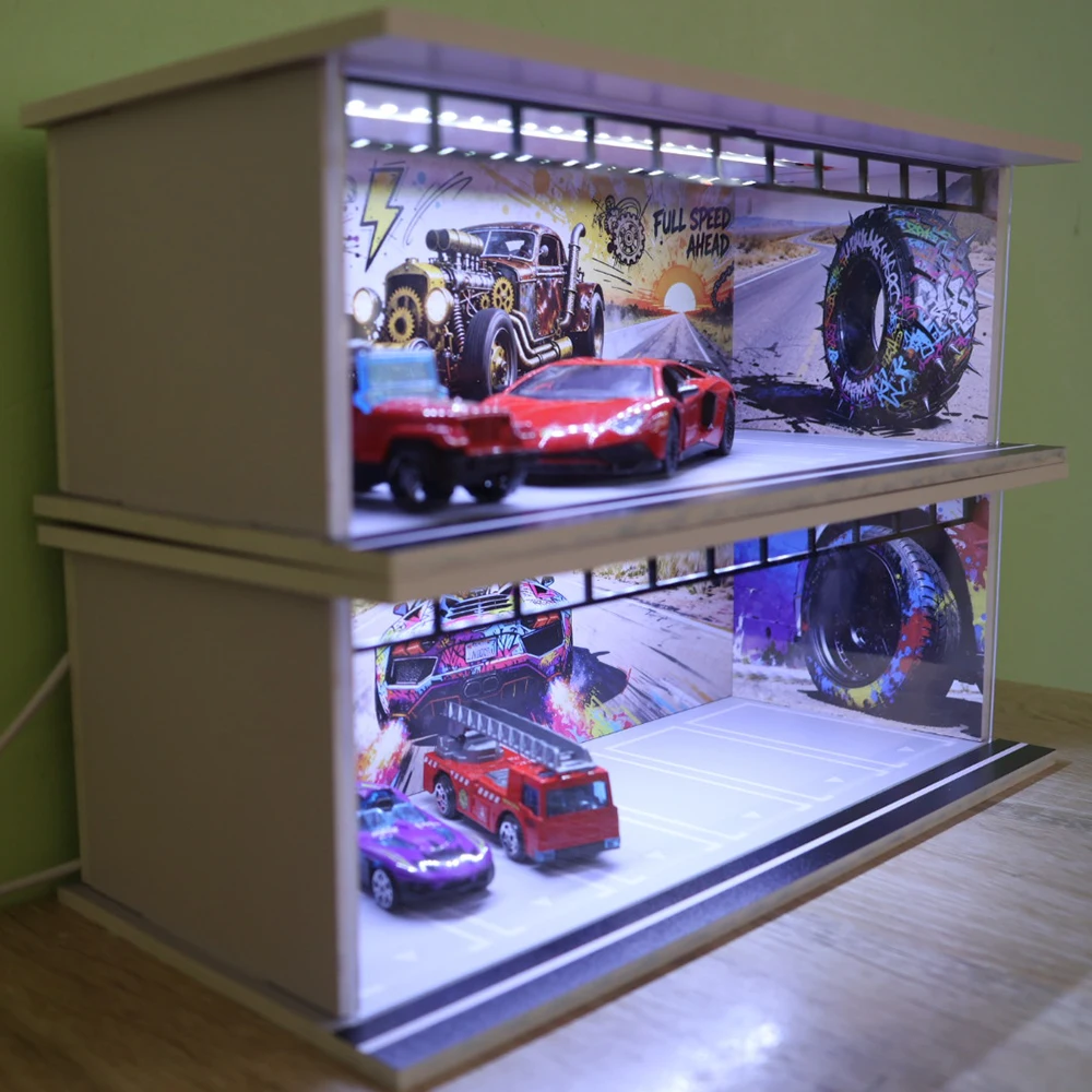 1:64 Auto Garage Diorama Modellen Auto Display Box Usb LED Verlichting Gesimuleerde Garage Miniaturen Parkeerplaatsen Scène voor Verzameldoos