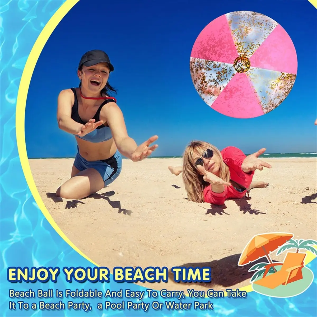 STOCK& 2Pcs 16Inch Inflatable Beach Balls Gold Confetti Pool Balls for Swimming Pool for Adults Summer Birthday Party Pink