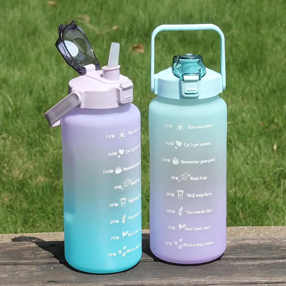 2l Large Capacity Portable Water Bottle Colorful Gradient Straw Cups With Bounce Lid Time Scale Reminder for Outdoor Sport