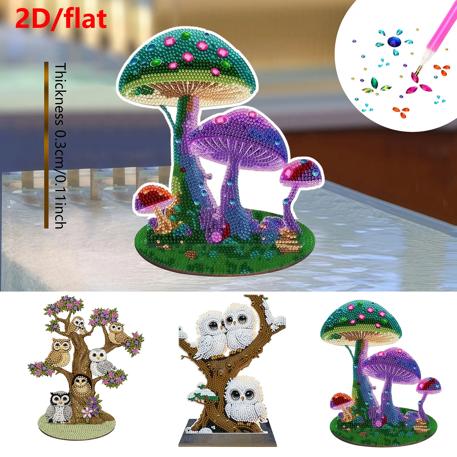 1 DIY 2D/FIat Eule, Pilz- und Diamant-Malset, handgefertigtes dekoratives Set, geeignet für Heim- und Bürodekoration