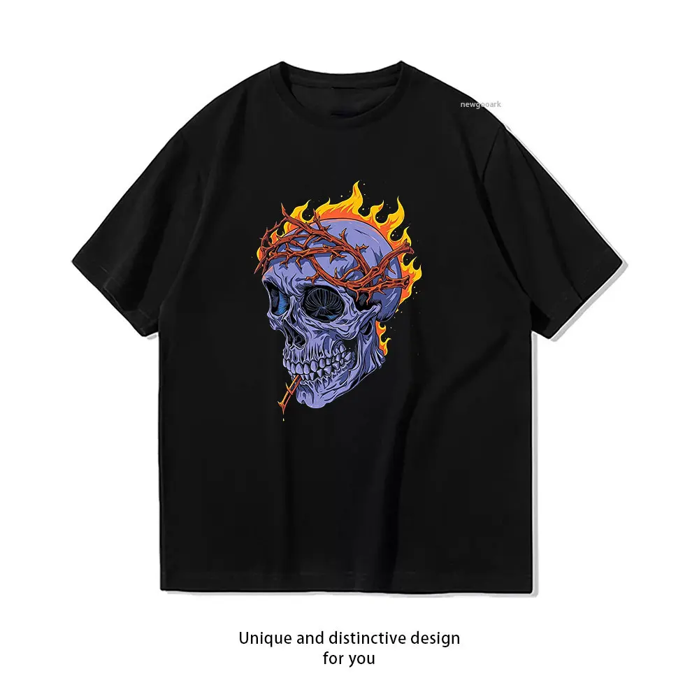 Fiery Skull with Crown T-Shirt Casual cotton graphic t shirts Creative streetwear Classic O-neck shirt
