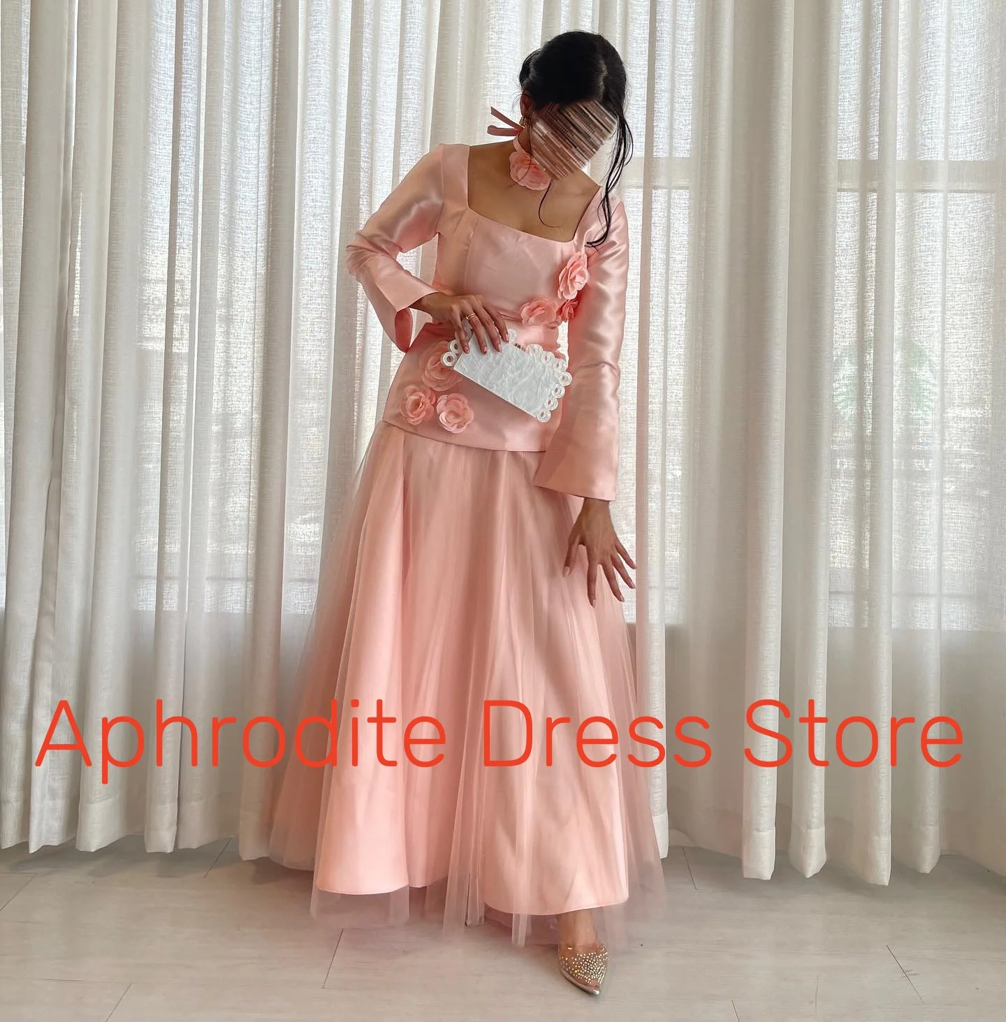 Customized High Quality Satin 3D Flowers Evening Dresses Exquisite Long Sleeves Square Neck Prom Dress Custom Size Par