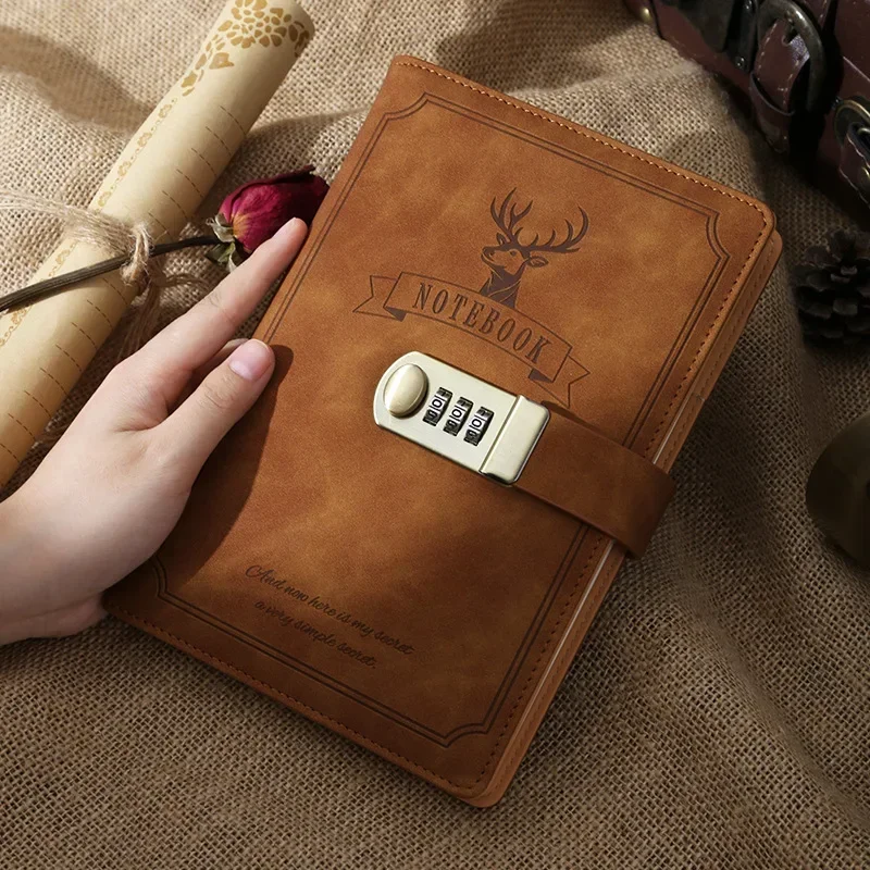 A5 Senha Notas Diário Livro com Bloqueio, Retro PU Leather Notebooks, Simples Elk Print Notepad, Private Secret Diary Books