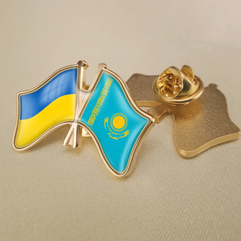 Kazakhstan and Ukraine Crossed Double Friendship Flags Lapel Pins Brooch Badges