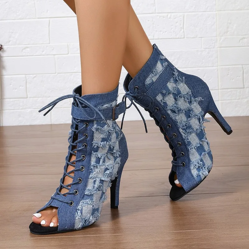 Rubber Sole Latin Dance Boots Sexy Modern Shoes Dance High-heeled 6-8cm Sandals Lace-up Hollow Belt Buckle Fashion Square Denim