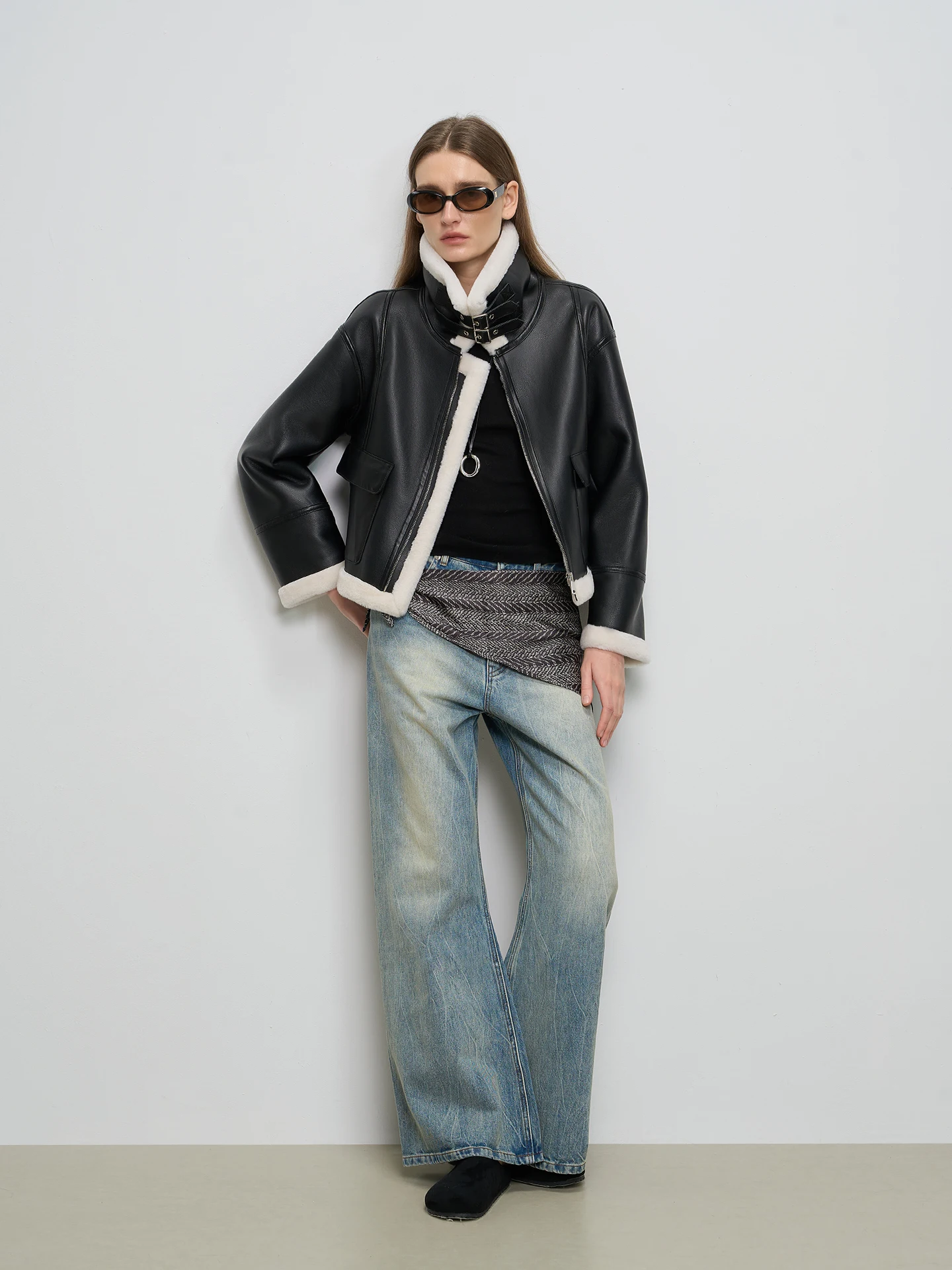 ケレ レディース ショート ブラック ファー ジャケット ラムスキン レザー コート 冬の新作 ヘアとレザー一体型 フライトジャケット