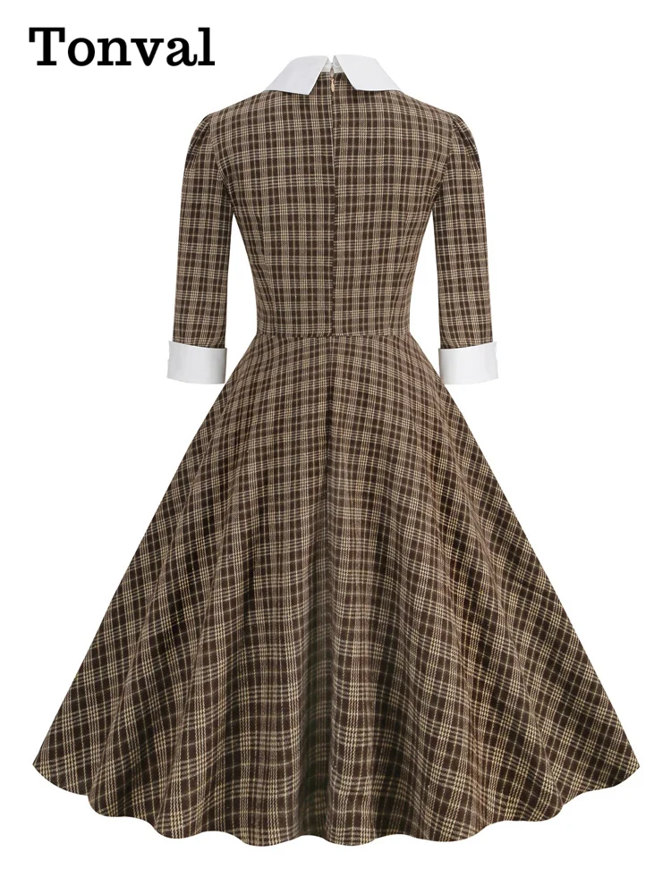 Tonval Brown Plaid Rockabilly Vintage Midi Dresses Turn-Down Collar Bow 3/4 Length Sleeve Autumn Winter Women Elegant Dress