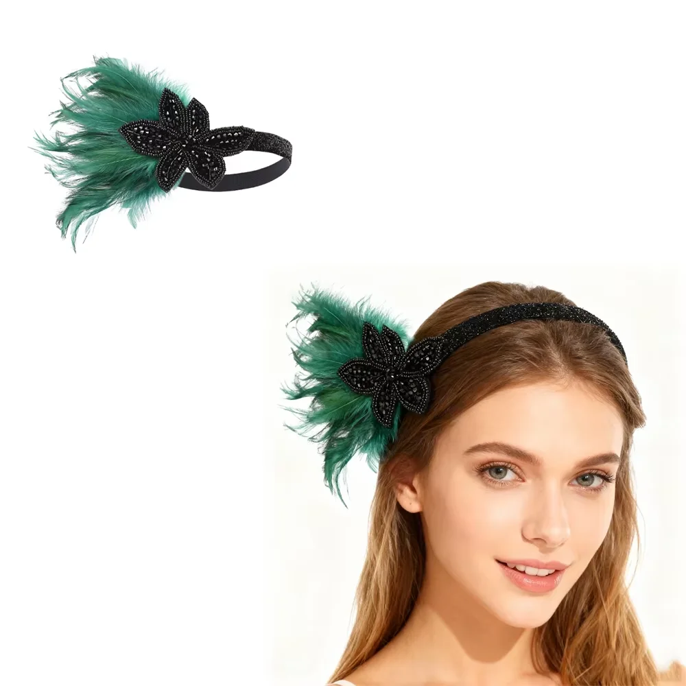 

PESENAR Christmas Black Headband with Green Feather and Crystal Embellishment
