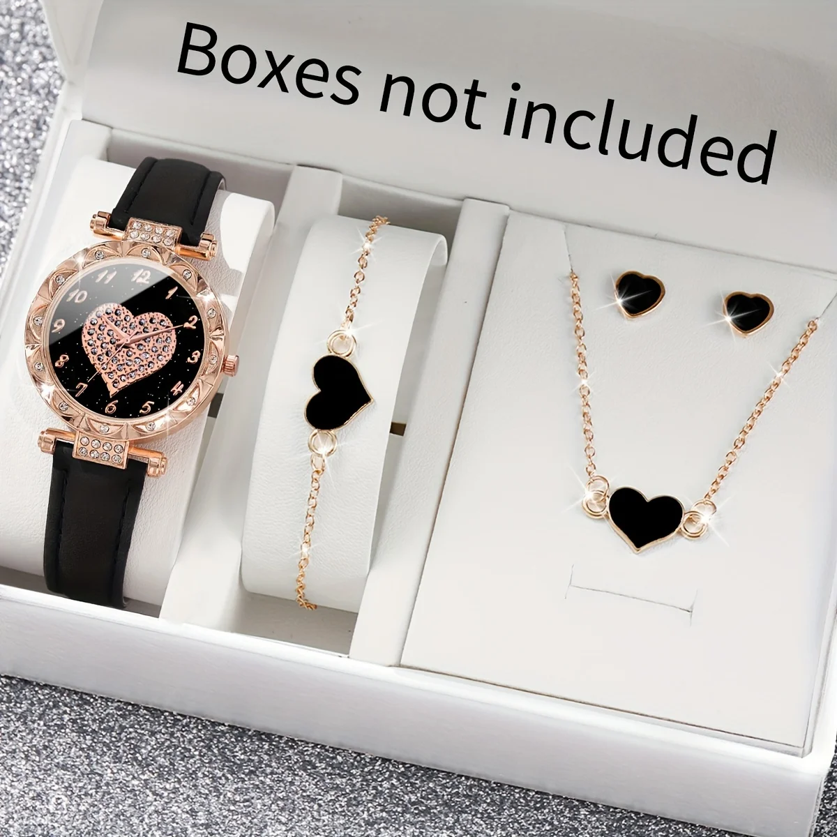 

5pcs/set Women's Casual Rhinestone Heart Quartz Watch Analog PU Leather Wrist Watch & Jewelry Set, Valentines Gift For Her