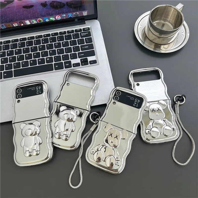 

Electroplated Cartoon Bear Phone Case for Samsung Galaxy Z Flip 3 Z Flip 4 Z Flip 5Hard PC Back Cover for ZFlip5 Case Shell