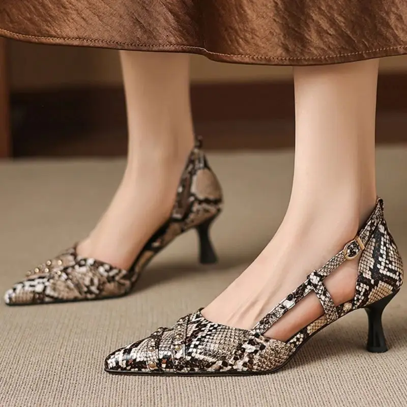 Brand Women's Sandals Summer Shoes Leather High Heels Point Toe Heeled Pumps Sexy Slip On Snake Print Party Dance Dress Shoes
