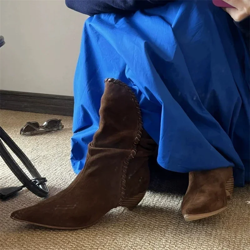 

Aneikeh 2026 Autumn Winter Pointed Toe Low Heels Western Modern Booties Fashion Splicing Women Ankle Boots Shoes