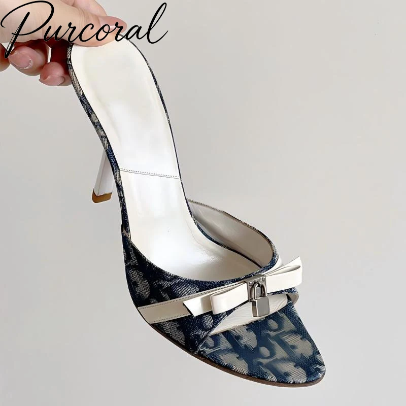 

Purcoral 9cm Sandals Print High Heel Mules for Women Bow & Lock Detail Slip-on Pointed Toe Party Shoes Random Free Gift