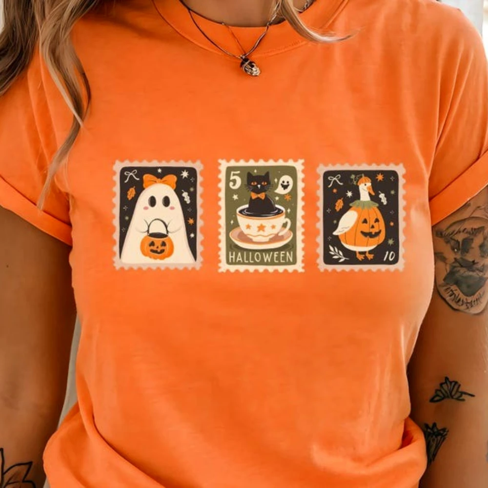 

Halloween Retro Ghost Shirt Cute Fall Shirt Womens Halloween Tee Pumpkin Season Tee Tops Creative Stamp Design Printed T-shirt