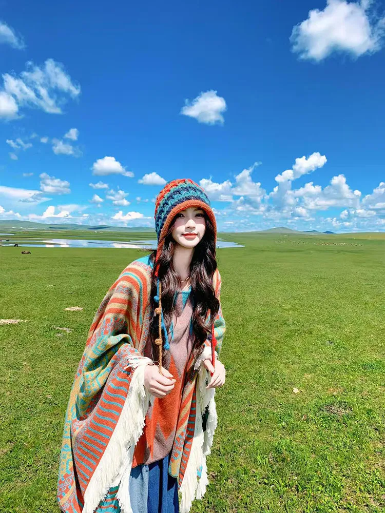 Boho Ethnic Style Cotton Blend Shawl For Women Fringed Cloak Cape Summer Air Conditioning Cover Up Outdoor Travel Vacation Wear