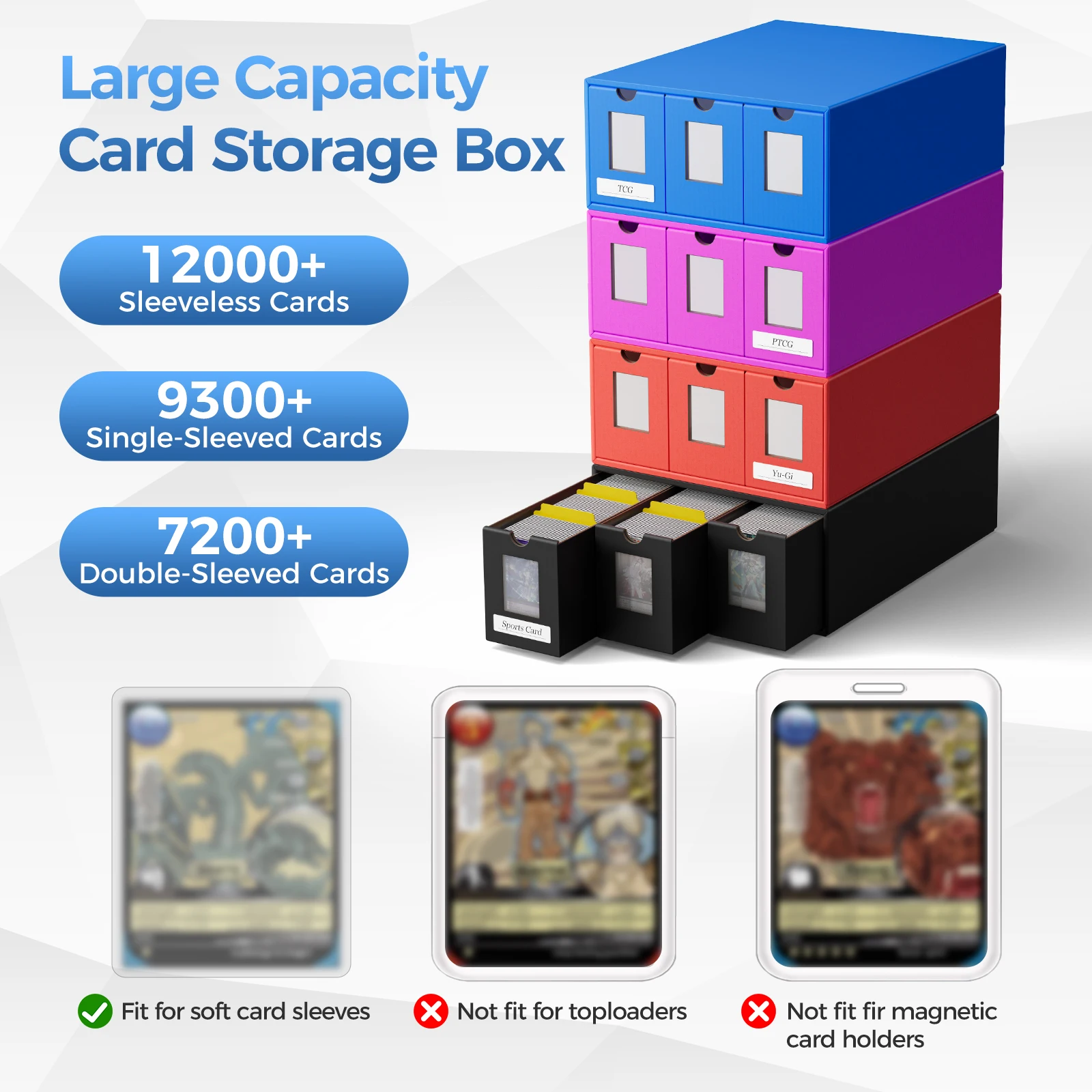 Boîte de rangement pour cartes à collectionner, organisateur pour plus de 12000 cartes, avec 48 séparateurs de cartes, ruban adhésif et tiroirs pour cartes TCG, MTG, PTCG