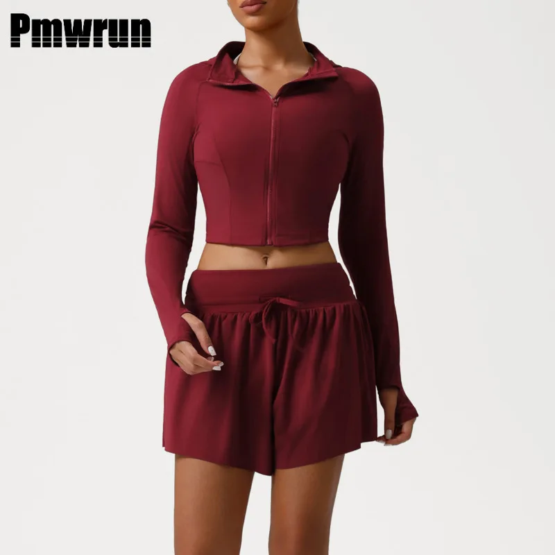 pmwrun-womens-2-piece-set-lightweight-cropped-zip-up-long-sleeve-jacket-and-high-waist-drawstring-shorts-activewear-loungewear