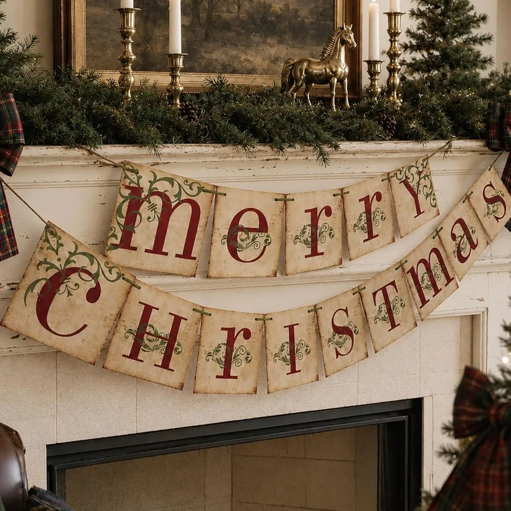 Merry Christmas Banner Hanging Design Banner Vintage Sign Gothic Home Decor Party Wall Decoration Christmas Decor Party Supplies