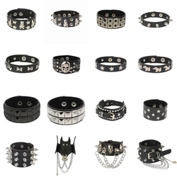 New Skull Punk Gothic Rock Chains Metal Stud Spikes Rivet Pu Leather Wristband Bangle Wide Cuff Bracelet Women Men Jewelry 2023