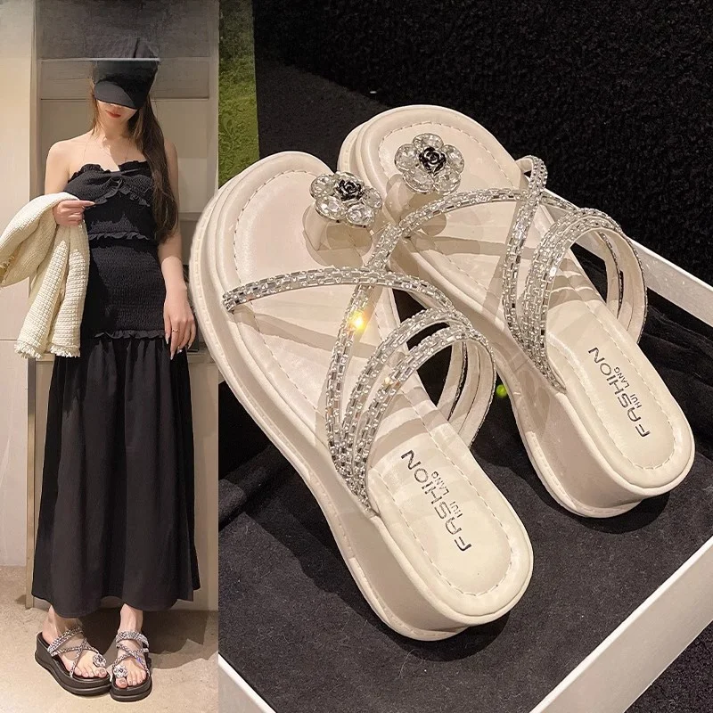 

FAD Z Thi Heel Sandals Women's Summer Outdoor Wear Diamond Fairy Two-Way Toe Crystal Slip-On Slippers Casual Sle PU Ma...