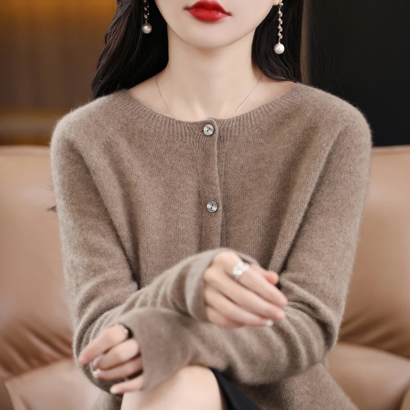 New Fashion Autumn Winter 100% Merino Wool Womens O-neck Cardigan Cashmere Sweater 2024 Female Clothing Basic Knitwear Tops