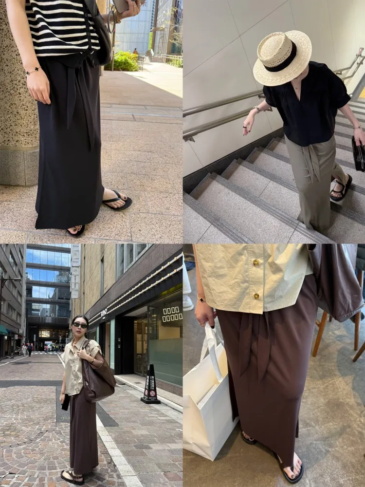 

Elielim Recommended! Ice Skin Feel Slit Ele Belted f Body Skirt Women's New Sle Slimming Long Skirt Casual mid Waist