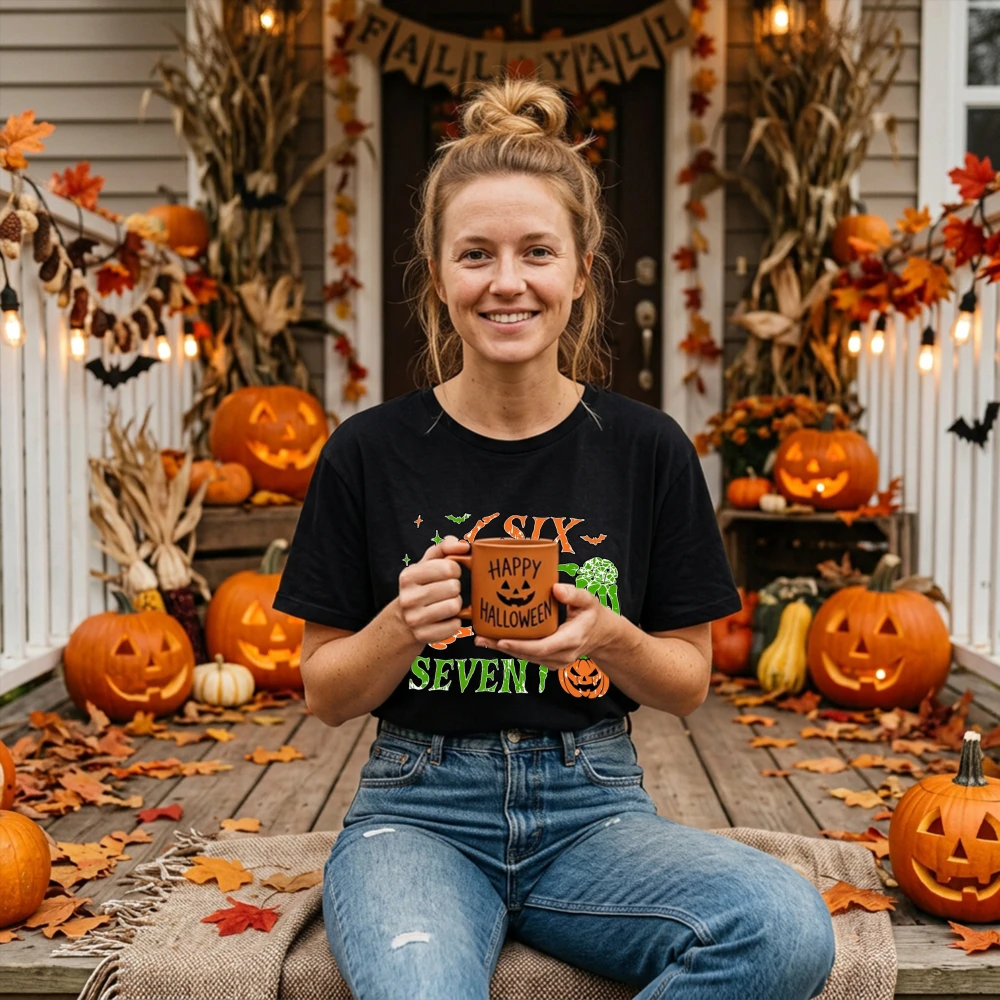 Six Seven Halloween T Shirt Unisex Cotton Skeleton Hands Short Sleeve Graphic Tee Pumpkin Spooky Season Vintage Casual Wear