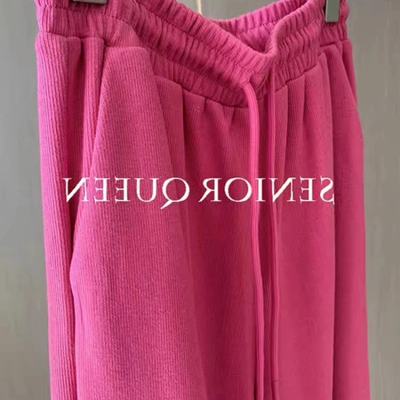 

Rose pink design high waisted wide leg pants for women, new Korean style lazy hanging straight leg casual pants