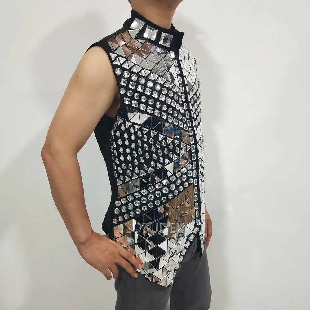 Gilet con strass a specchio glitterato gilet di cristallo con paillettes per uomo cantante Bar concerto spettacolo teatrale Costume da ballo batterista