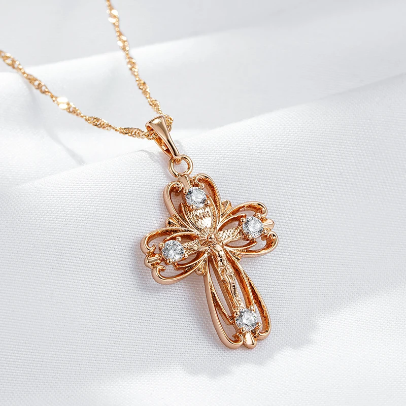 Wbmqda 585 Rose Gold Color Cross Crucifix Jesus Pendant And Necklace For Women Men Classic Simple Zircon Jewelry Accessories