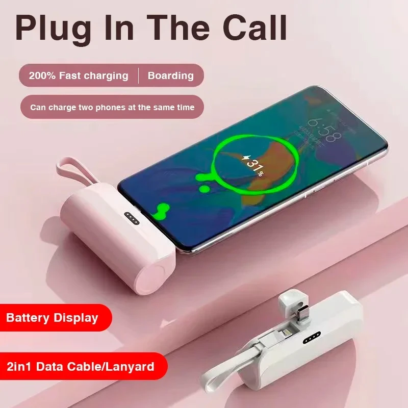 Xiaom 10000mAh Mini Capsule Power Bank 2 IN 1 Built In Type-C Cable Large Capacity Fast Charging External Battery For iPhone