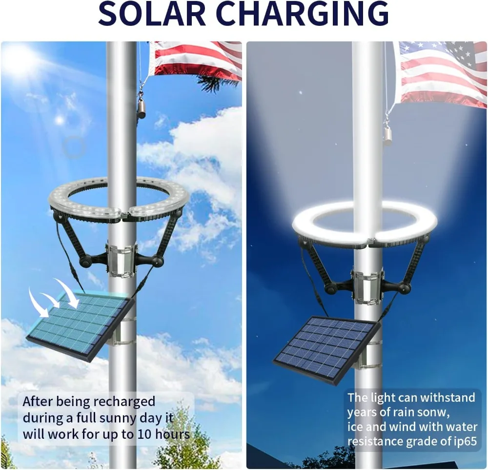 

Солнечная лампа для флагштока, 4640 люмен, аккумулятор емкостью 12000 мАч, водонепроницаемость IP65, регулируемый зажим для столбов диаметром 2–6 дюймов
