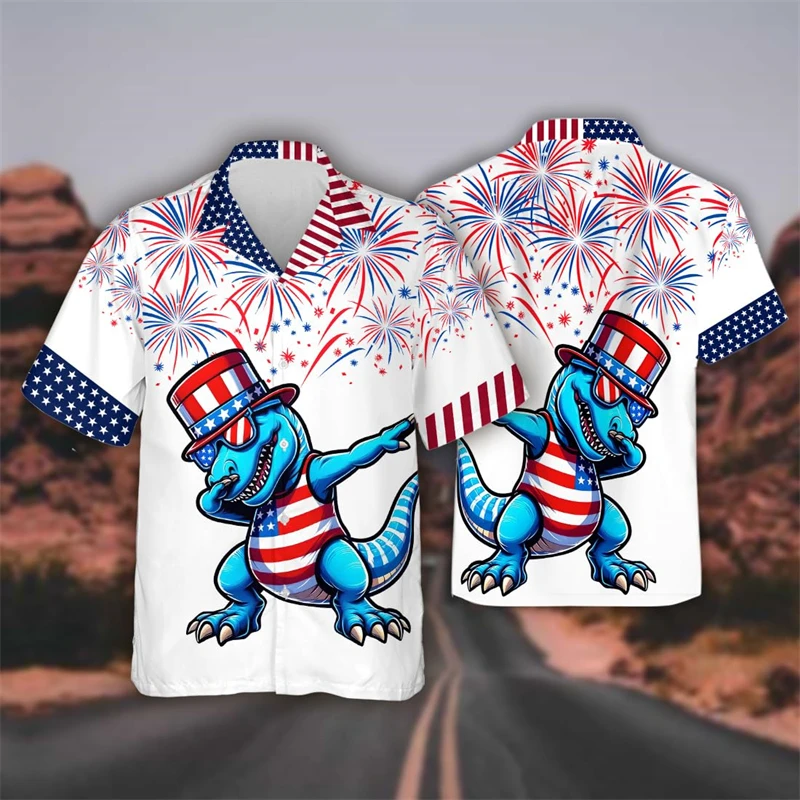 America Independence Day Graphic Beach Shirt Happy Animal Lapel Blouse July Fourth Patriotic Party Blouses US Male Button Tops