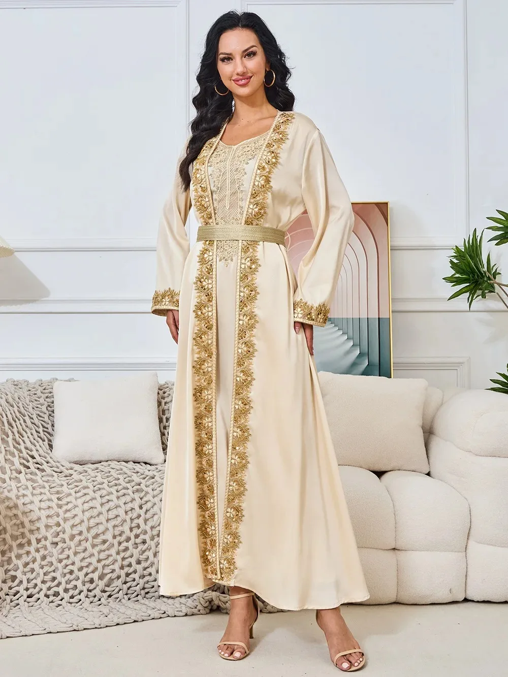 Dresses 2 Piece Sets Muslim Women Party Open Abaya Morocco Beading Sashes Jalabiya Ramadan Vestidos Kaftan Cardigan Robe Suit
