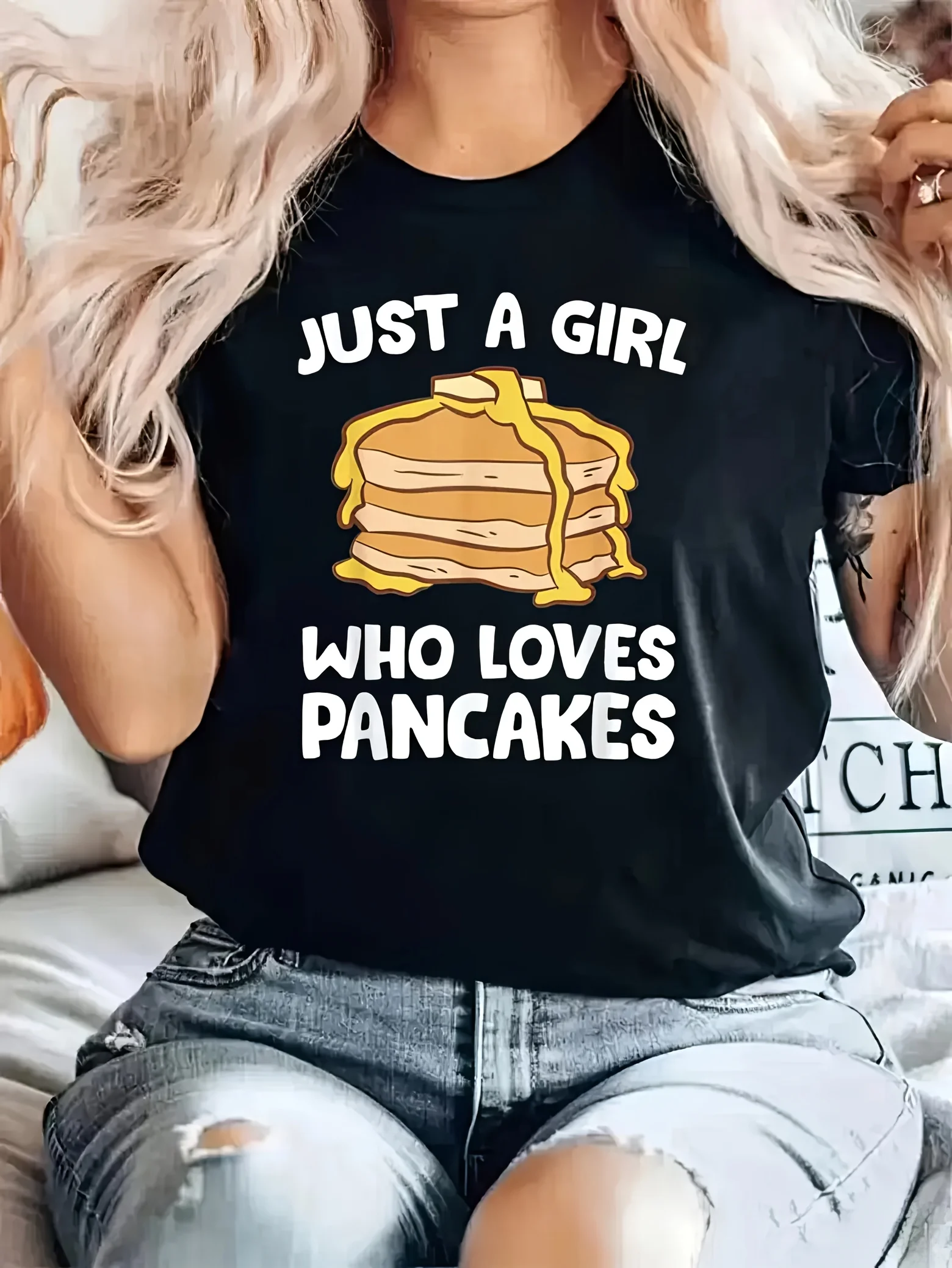 

Женская футболка с графическим принтом «Just A Who Loves Pancakes», повседневный топ с круглым вырезом и короткими рукавами, летняя забавная одежда в повседневном стиле