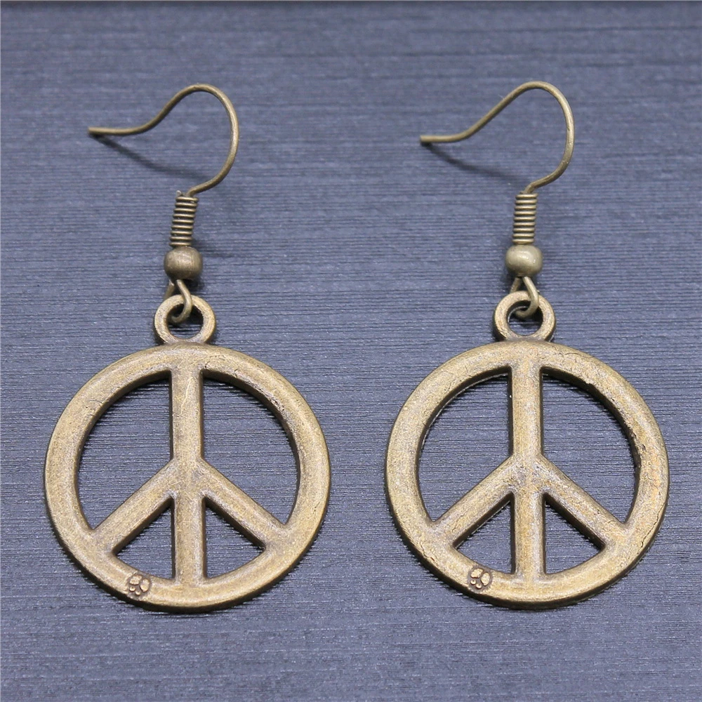 Vintage Antique Bronze Color 23mm Peace Symbol Charms Drop Earrings Dangle Earrings Women Party Gift Jewelry Handcrafts