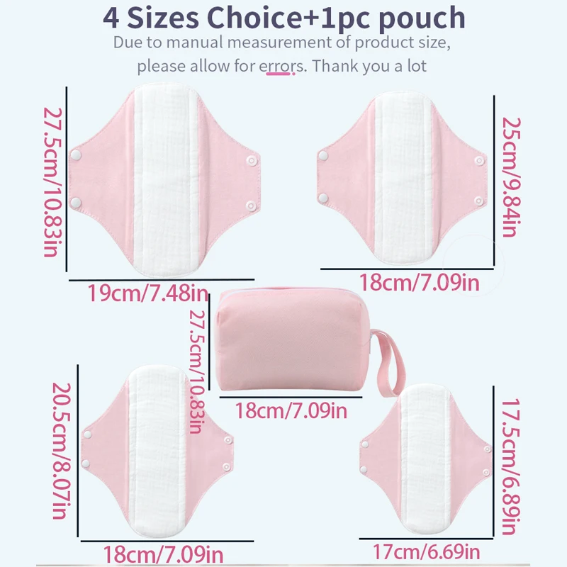 4pcs Reusable Menstrual Pads Washable Cloth Sanitary Pads Leak‑Proof Cotton Period Panty Liners with Storage Bag for Women