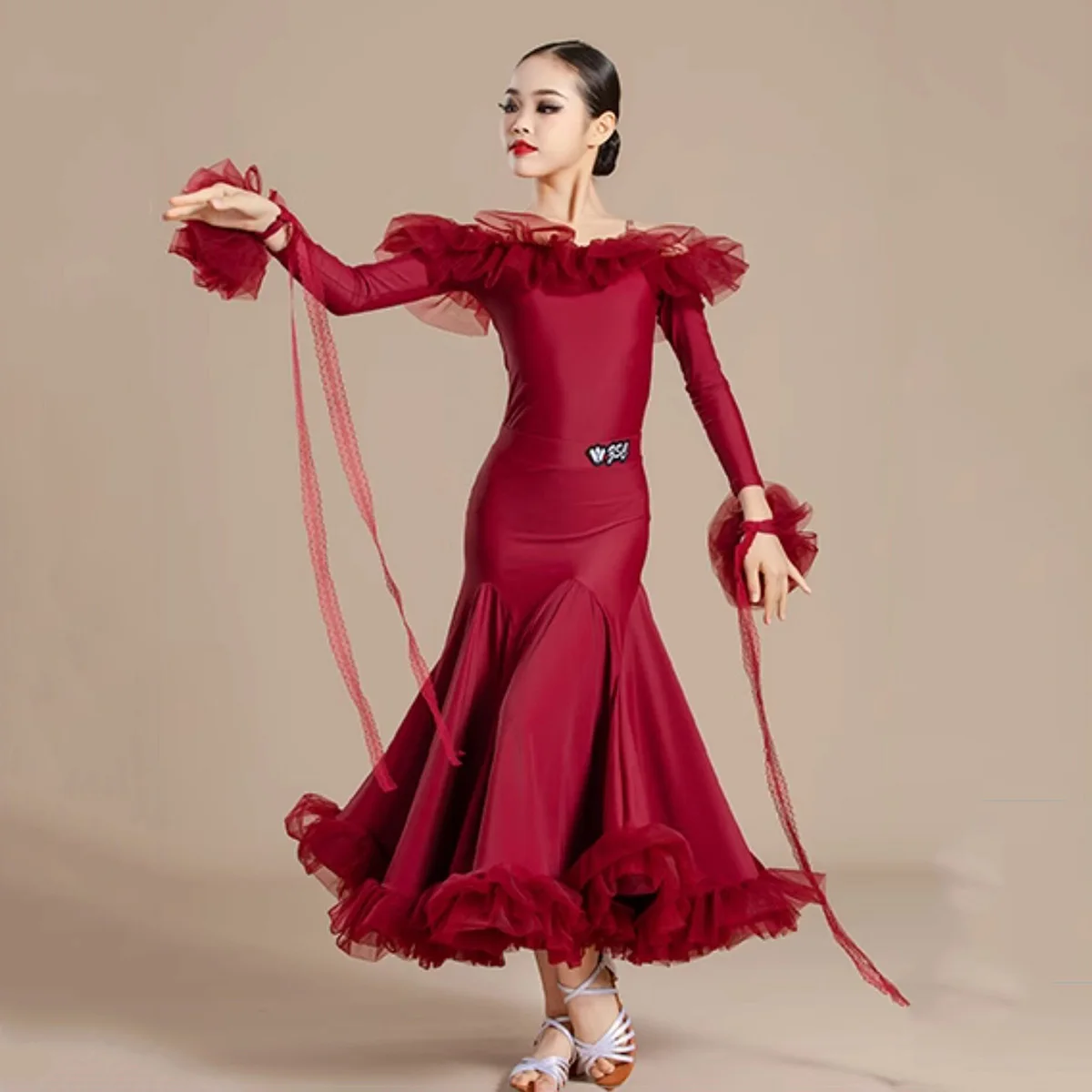 Kids Girls Waltz Ballroom Dancewear Professional Costumes Long Sleeve Cutout Shoulder Jumpsuit Large Skirts Modern Dance Clothes