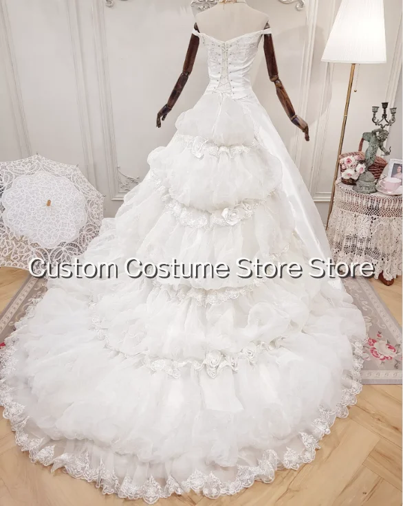 Medieval Vintage Card Shoulder Wedding Dress Victorian Beaded Decoration A-line Puffy Trailing Bridal Gown Customized amanda nov