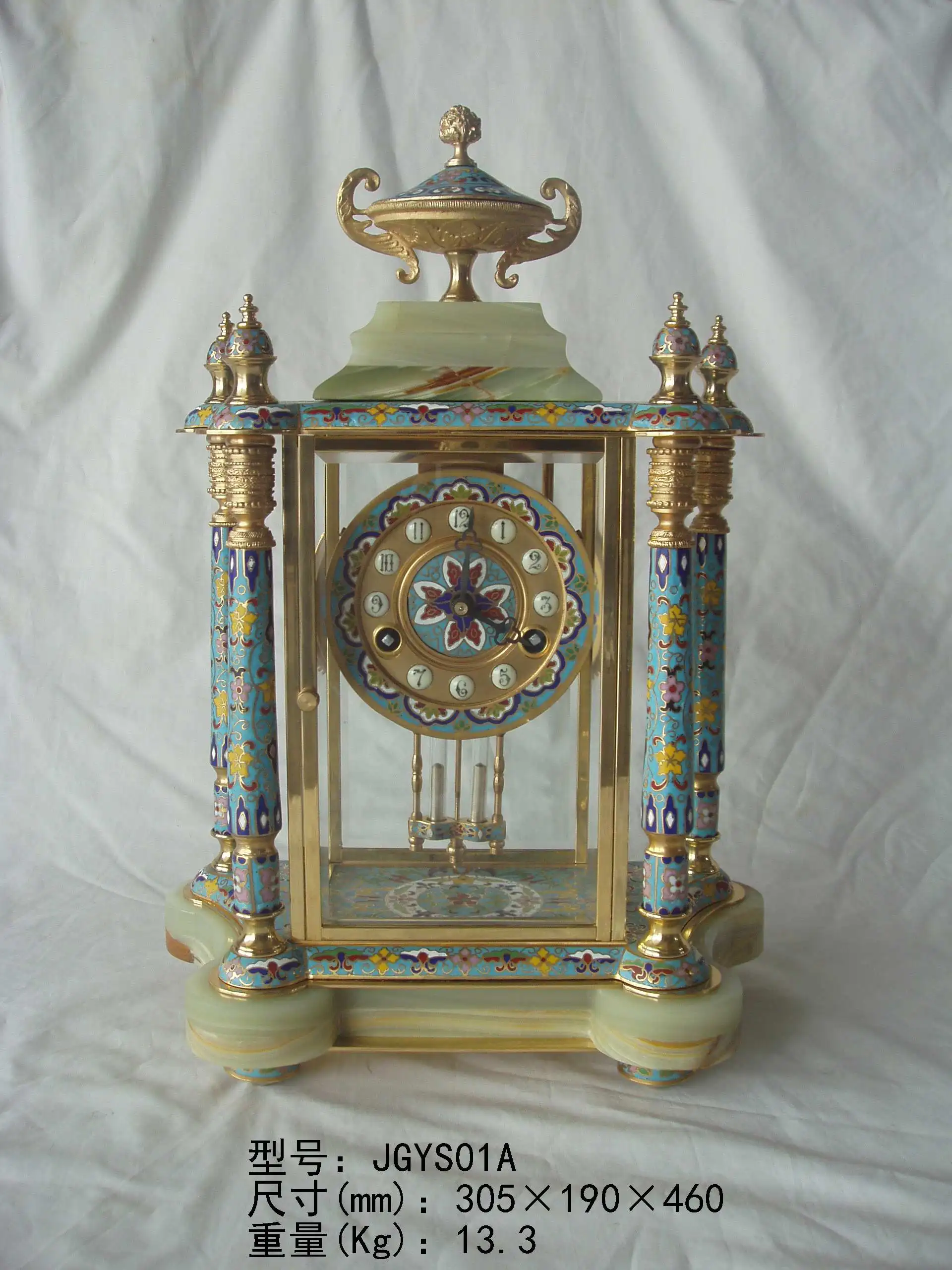 Gilt Floral Champleve  Cloisonne Decorated Pillar Portico Case Brass Mechanical Movement Marble Top & Base Bracket Desk Clock