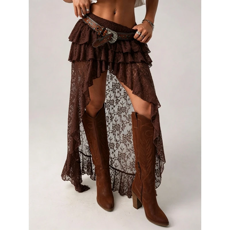 Women Y2k Layered Lace Long Skirt High Low Asymmetrical Ruffle Waterfall Coquette Skirt Boho Sheer Mesh Maxi Skirts
