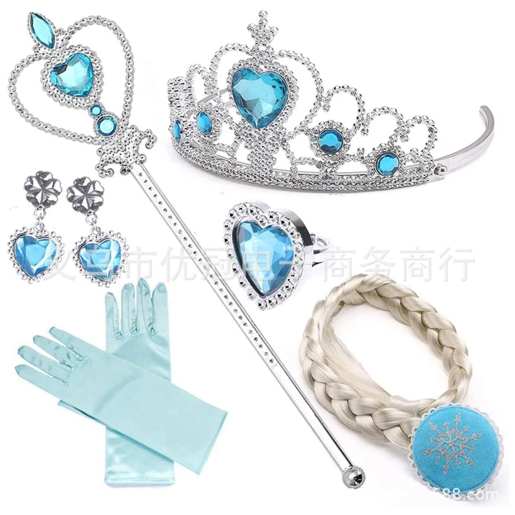 Halloween Gift Voor Meisjes Accessoires Set Elsa Prinses Cosplay Pruik Voor Kinderen Blauw Ring Earring Crown Fee Stok Rollenspel supply