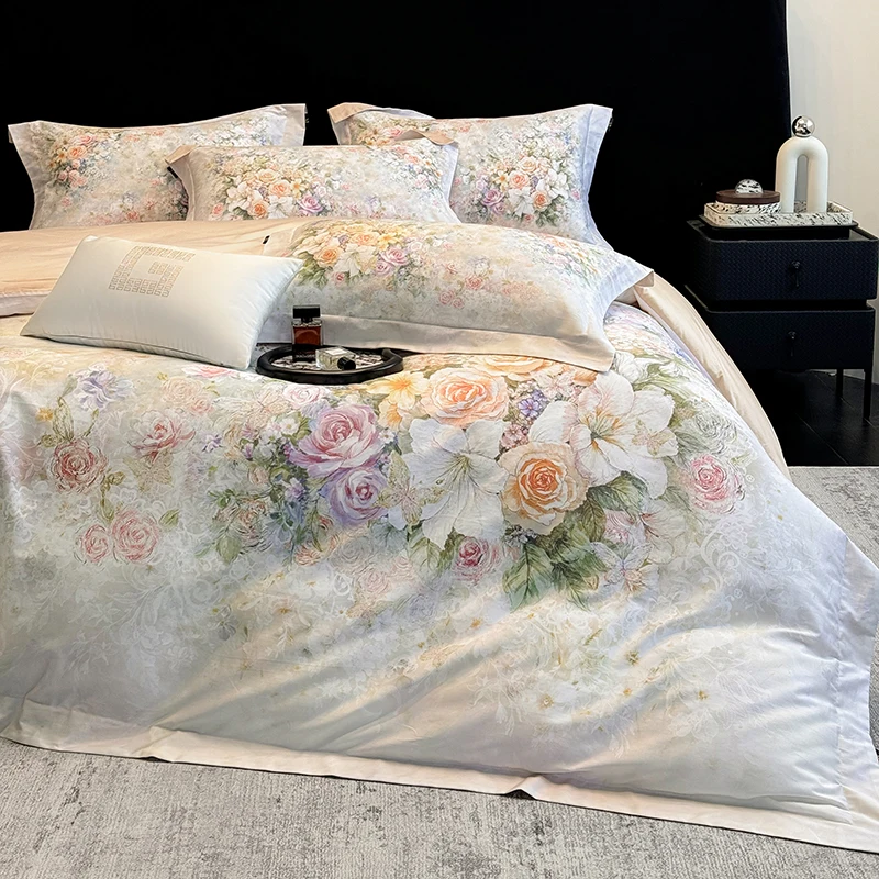 1000TC Egyptian Cotton Blooming Flowers Prints Luxury Queen King Size Bedding Set Duvet Cover Flat/Fitted Sheet Pillowcases 4Pcs