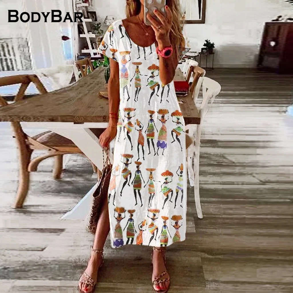 

Summer Loose Long Robes Women's Short-sleeve Printed Dress 2021 Fashion Round Neck Party Streetwear Dresses For Ladies Oversize