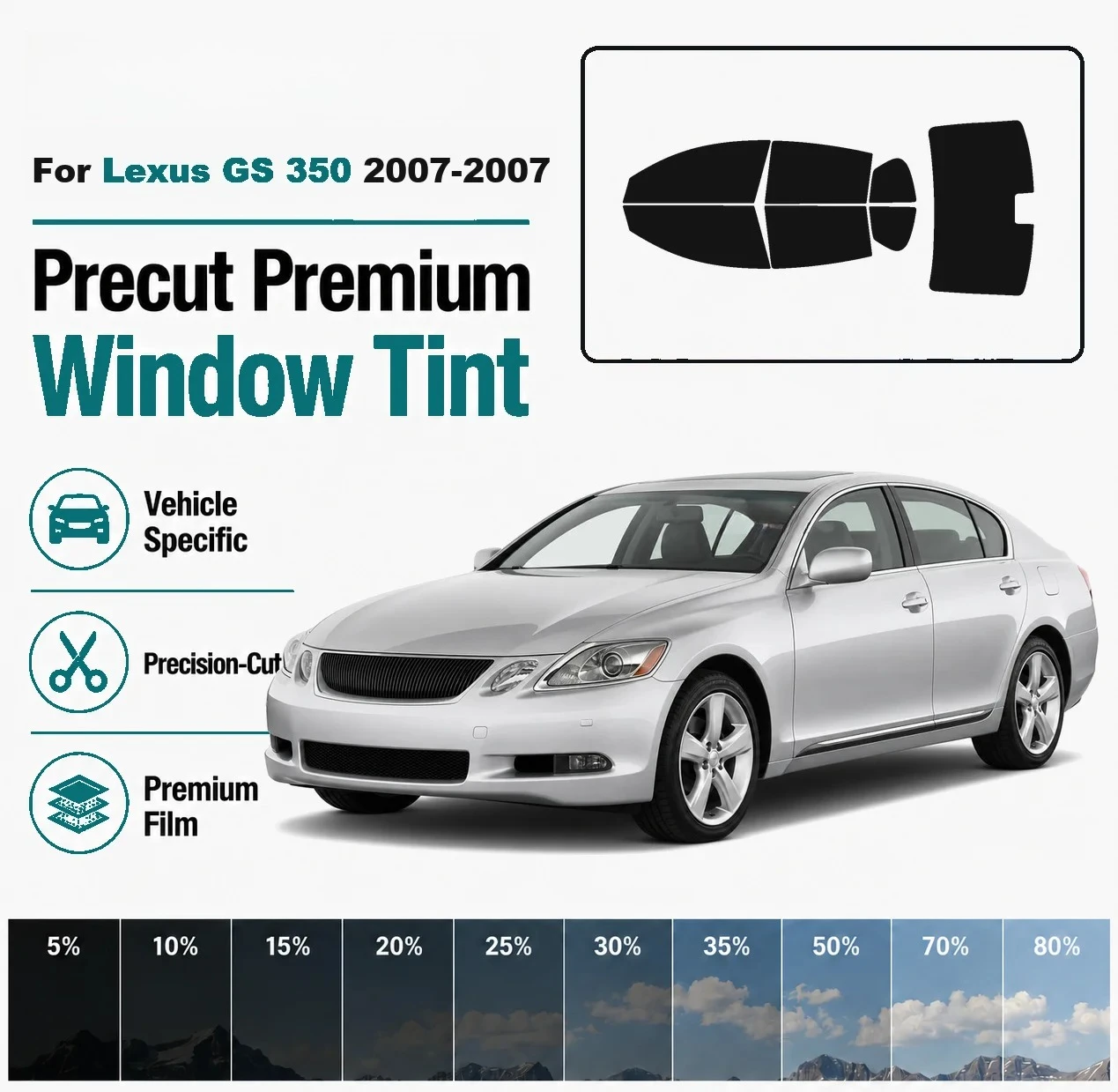 Precut Window Tint Kit for Lexus GS 350 2007 Custom Fit 2‑Ply UV Heat Rejection Privacy Front Rear Side Windows Protector Film