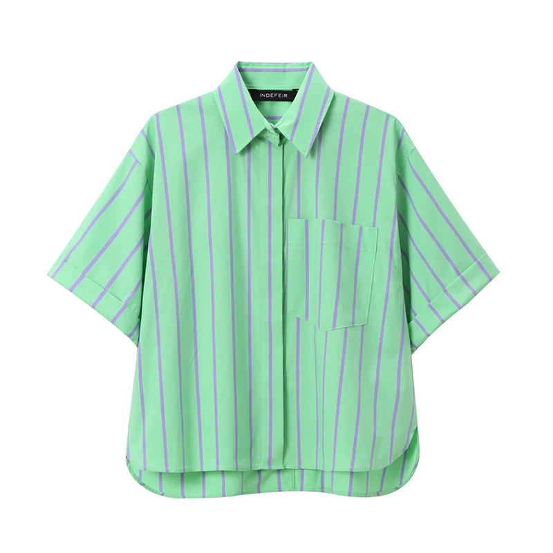 SIYANG Woman Fashion Suit Green Stripes Turn-Down Collar Single Breasted Shirts+Mid Waist Side Stripe Shrots Female Sets