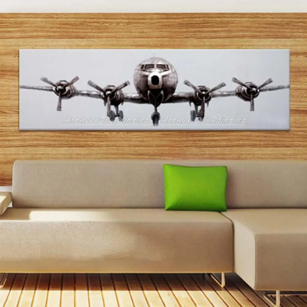 Arthyx Handpainted Gray Plane Landing Modern Still Life Oil Paintings On Canvas,Wall Art Picture For Living Room Home Decoration