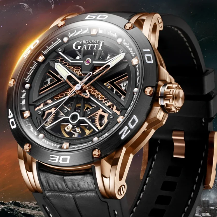 

BONEST GATTI Мужские автоматические часы 45 мм Механические наручные часы 50 м Водонепроницаемые скелетонизированные циферблаты Сапфировое зеркало Светящееся